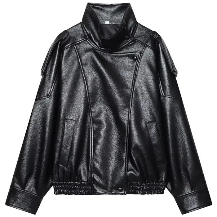 HXAO Faux cuir noir vestes pour femme nouveauté recadrée surdimensionné Bomber veste fermeture éclai