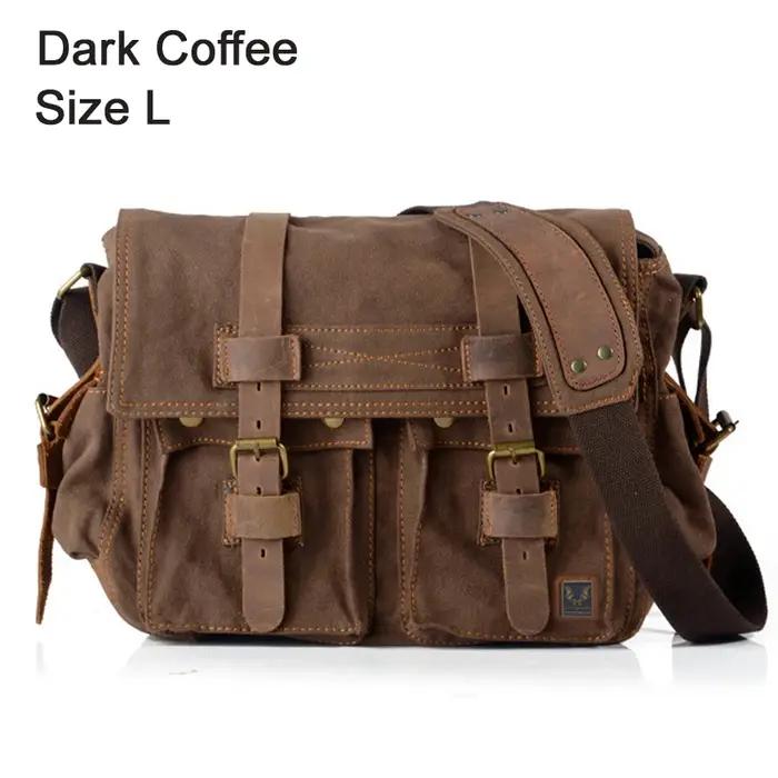 Rétro Vintage coton toile + cuir véritable hommes sac de messager sac à bandoulière militaire