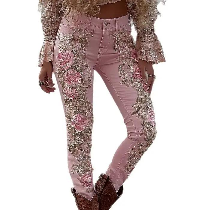 Jeans à imprimé floral de style européen américain pour femmes, pantalon en denim décontracté à jamb