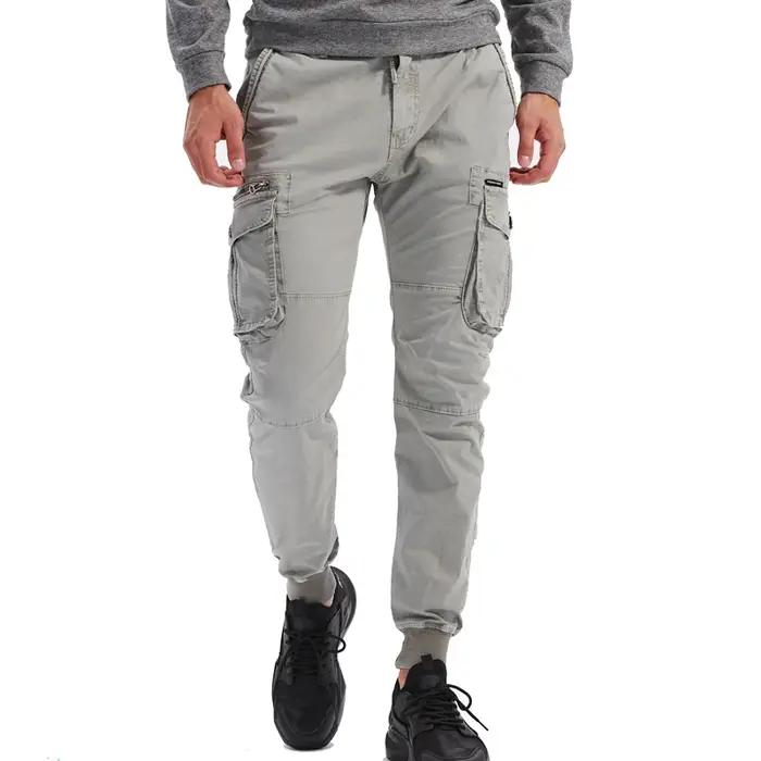 Pantalon cargo homme coton kaki militaire multi-poches jogger décontracté travail noir gris clair