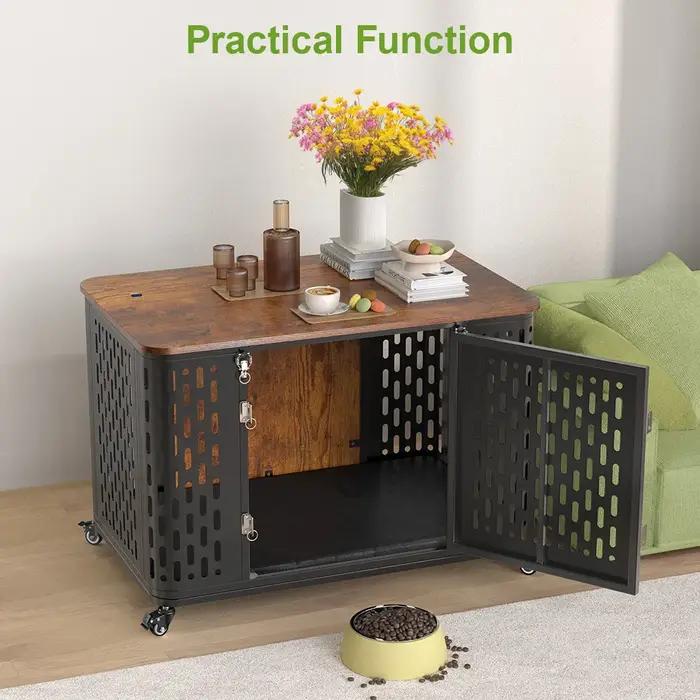 Caisse pour animaux de compagnie avec coussin, chenil en bois, roues flexibles, meubles polyvalents