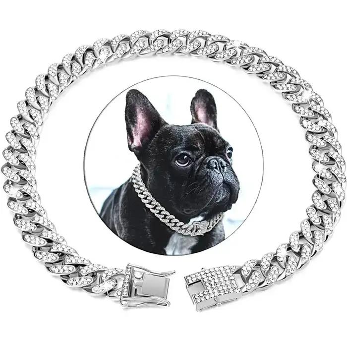 Collier pour chien en or avec chaîne et diamants, collier de marche en métal avec boucle sécurisée,