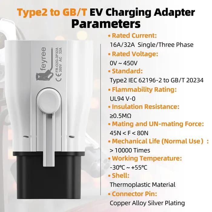 Feyree EV chargeur adaptateur Type2 vers GB/T convertisseur 32A 22KW 3P pour véhicule électrique Sta