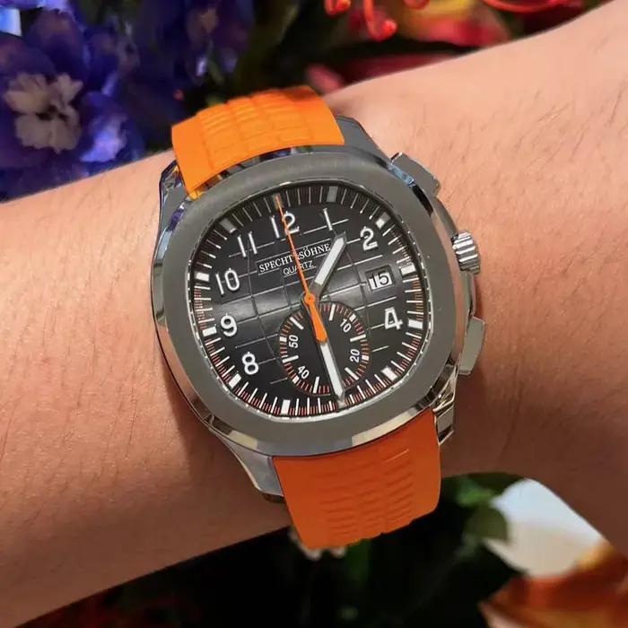 Montre sport homme Specht & Söhne 5167 classique orange cristal saphir bracelet caoutchouc étanche 50M montre quartz