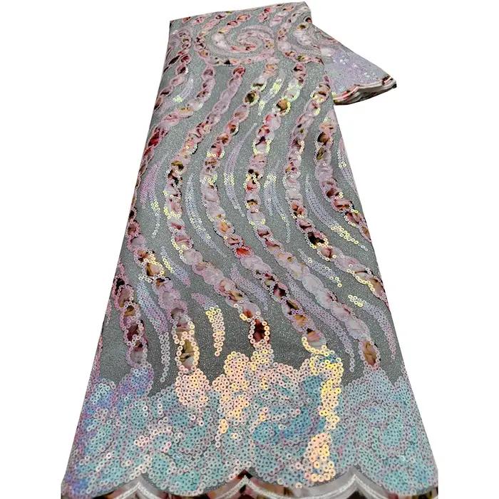 Tissu de dentelle africaine à sequins 5 Yards 2026 – Matière de dentelle Asoebi nigériane de haute q