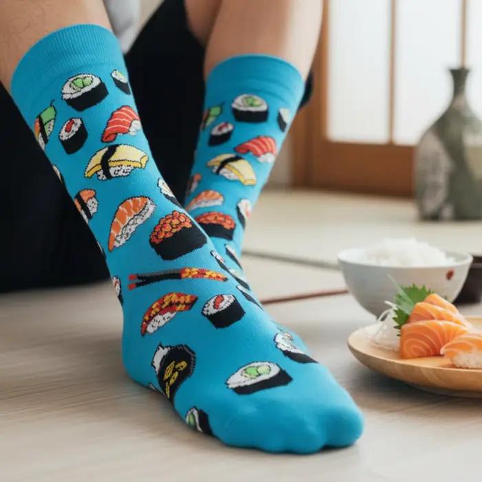 Chaussettes crew imprimées cuisine japonaise sushi - Originales et confortables pour amateurs de gastronomie
