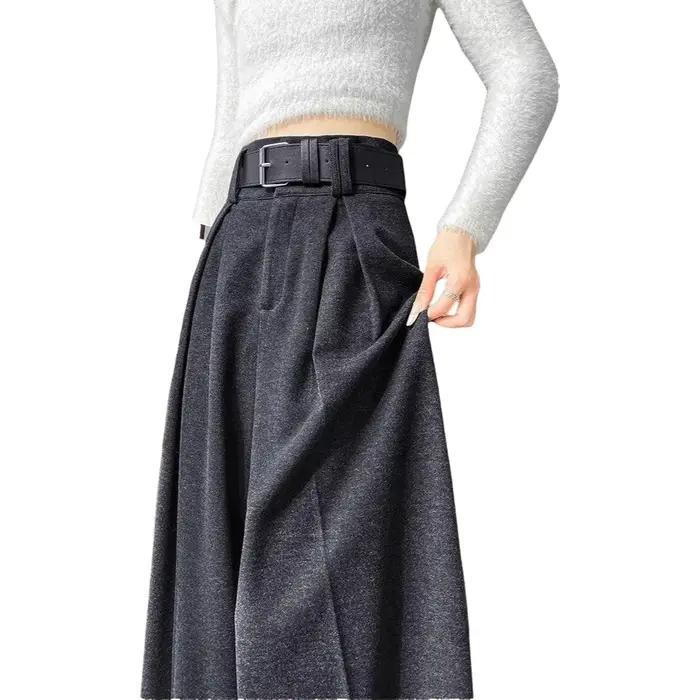 Pantalon large en laine gris pour femme, coupe droite, ample et fluide, longueur ras du sol, en molleton épais, idéal automne-hiver