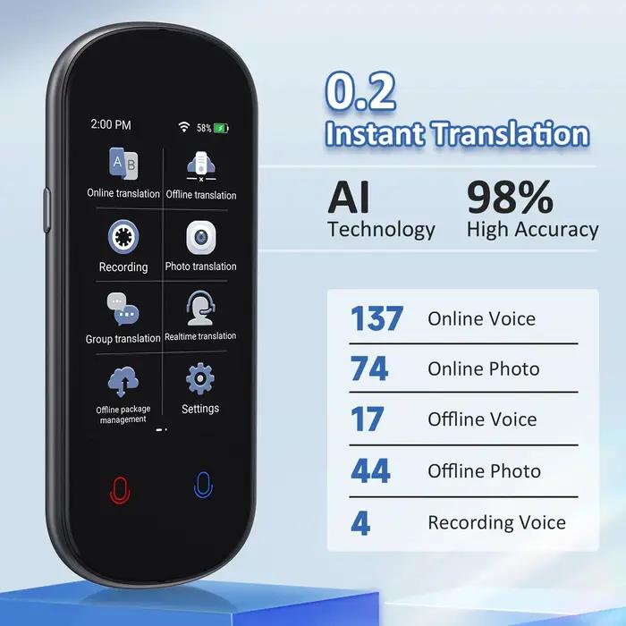 Traducteur vocal IA Z2 instantané - Écran tactile 3.1 pouces traduction temps réel avec enregistrement et photo