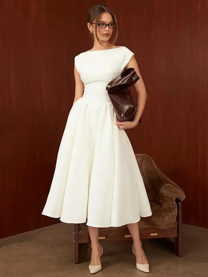 Suninheart femmes cercle découpé dos robe épaules larges et taille ajustée