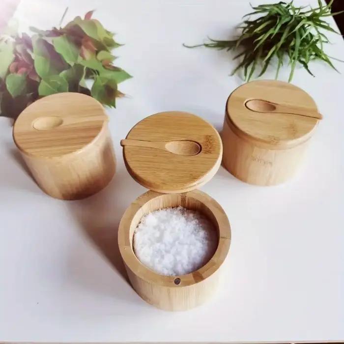 Pots d'assaisonnement au sel, pot à poivre, boîte à condiments en bambou, bol de rangement, ensemble de pots, support de récipient à sucre en bois, fonction de couvercle, bols multiples