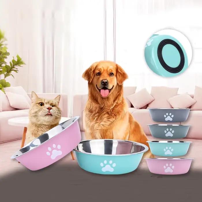 Nouveau bassin pour chien en acier inoxydable imprimé patte fournitures pour animaux de compagnie bol pour chat bol pour chien conception antidérapante en silicone bol d'alimentation pour eau potable
