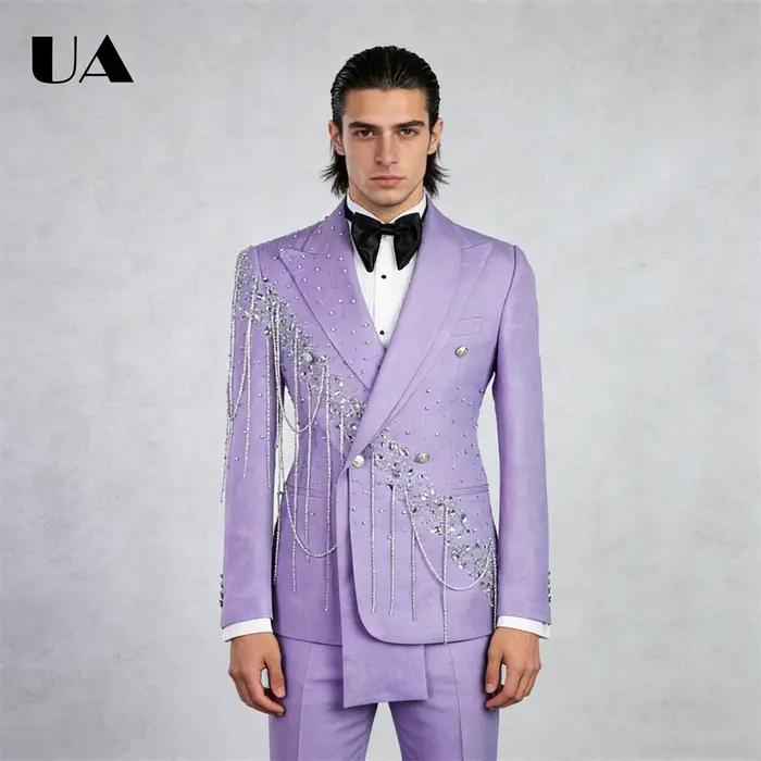 Costume de mariage lilas pour marié, ensemble de costume 2 pièces avec pompons en strass, costume po