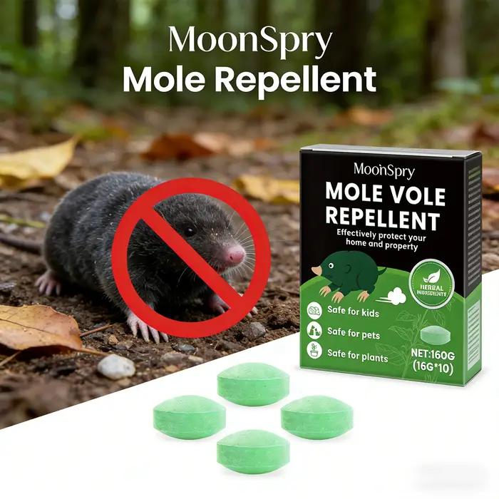 Pilules Répulsives Efficaces Contre les Taupes MoonSpry – Sûres pour les Animaux, Sans Odeur, Longue