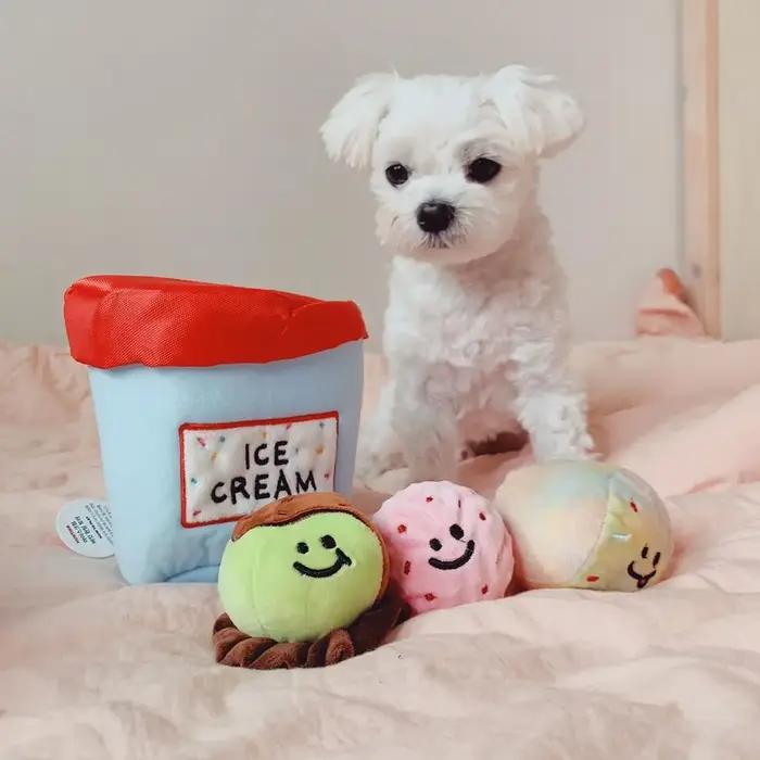 Nouveau jouet en peluche pour chien seau à crème glacée jouet grinçant balle interactive pour animaux de compagnie occaions spéciales chiens petits et moyens chiots