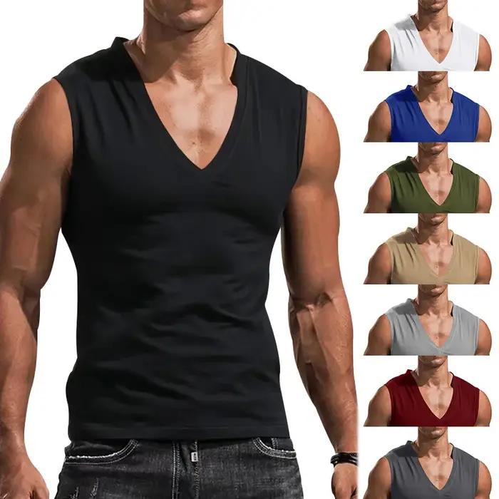Gilet décontracté pour homme débardeur sans manches respirant polyester élasthanne couleurs unies col en V polyvalent pour sport et loisirs