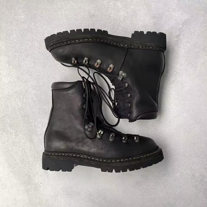 Bottes de moto en cuir véritable pour hommes, chaussures d'alpinisme à lacets en métal, bottes de ra