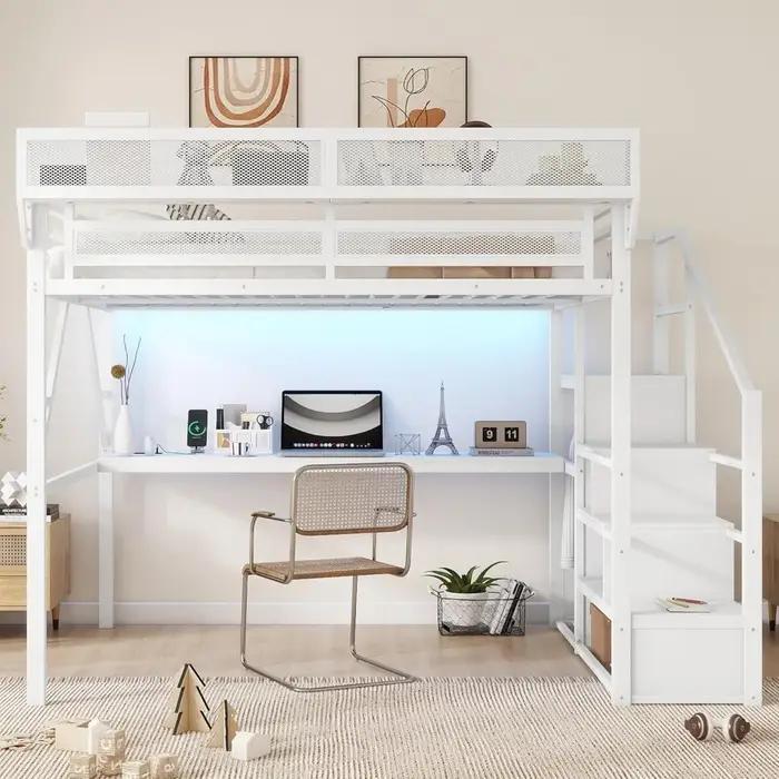 Lit mezzanine en métal robuste taille Queen avec 5 rangements, bureau et escalier