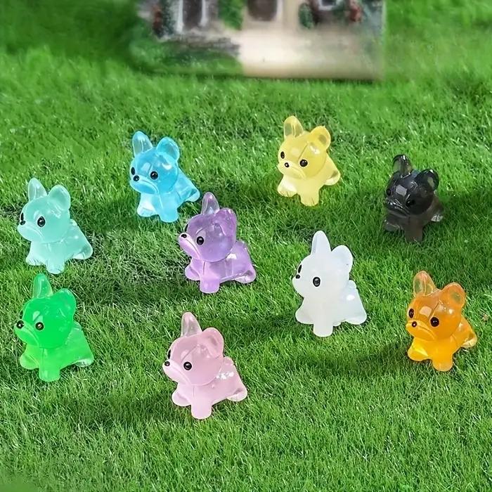 Mini bouledogue français en résine à paillettes lumineuses, 100/50 pièces, petits chiens qui brillent dans le noir, pour bricolage, artisanat, décoration de gâteau, paysage, jardin