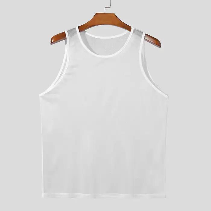 Débardeur transparent en tricot de luxe pour hommes, col rond, sans manches, maille, sexy, couleur unie, gilet respirant, vêtements de fête pour hommes, été