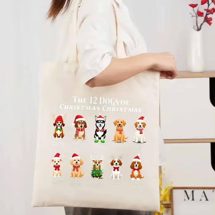 Sac fourre-tout en toile, couleur crème, personnages de chiens festifs et conception de texte pour 1