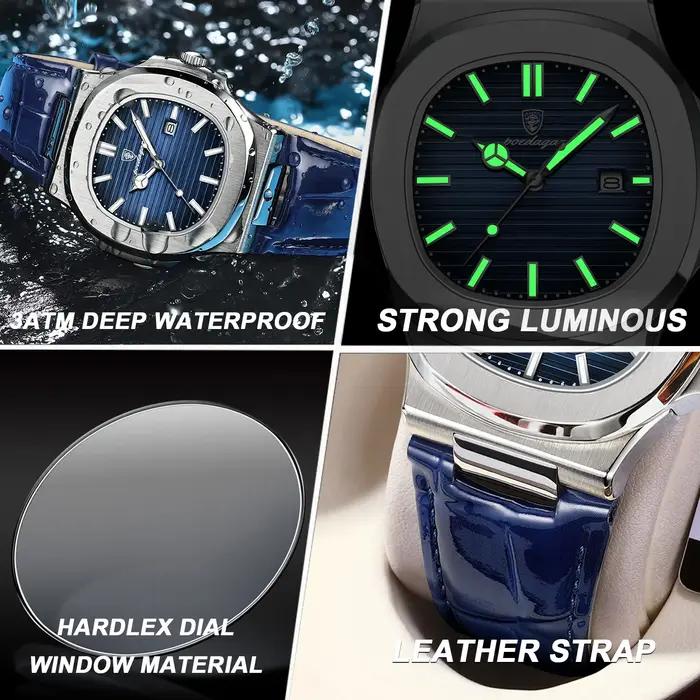 Montre homme carrée luxe cuir quartz - Étanche lumineuse calendrier boîte cadeau montre poignet élégante