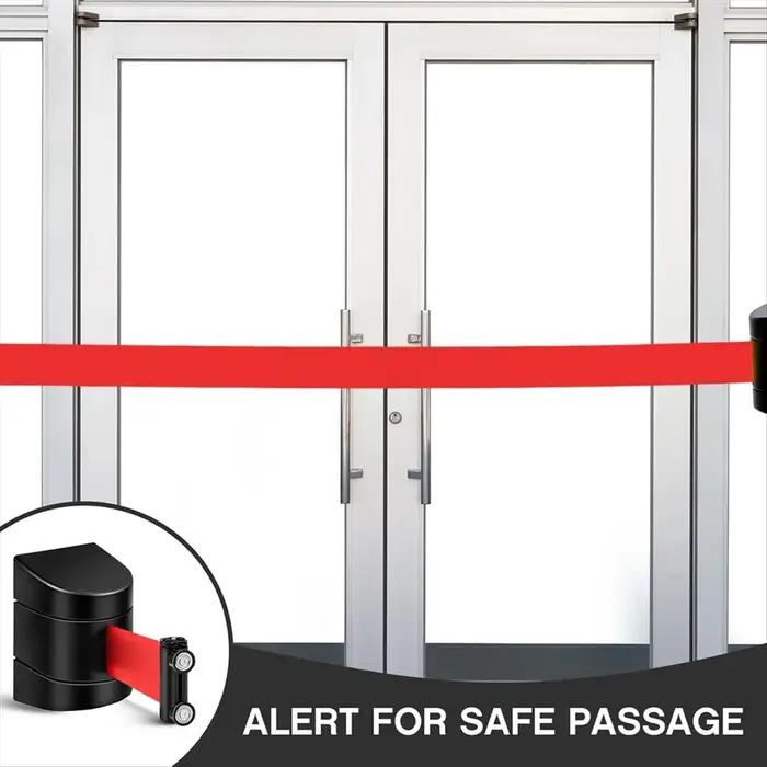 Barrière murale rétractable magnétique de 16 pieds pour événements et gestion de foules en métal, ABS, avec sangles flexibles et message d'avertissement pour sécurité et visibilité