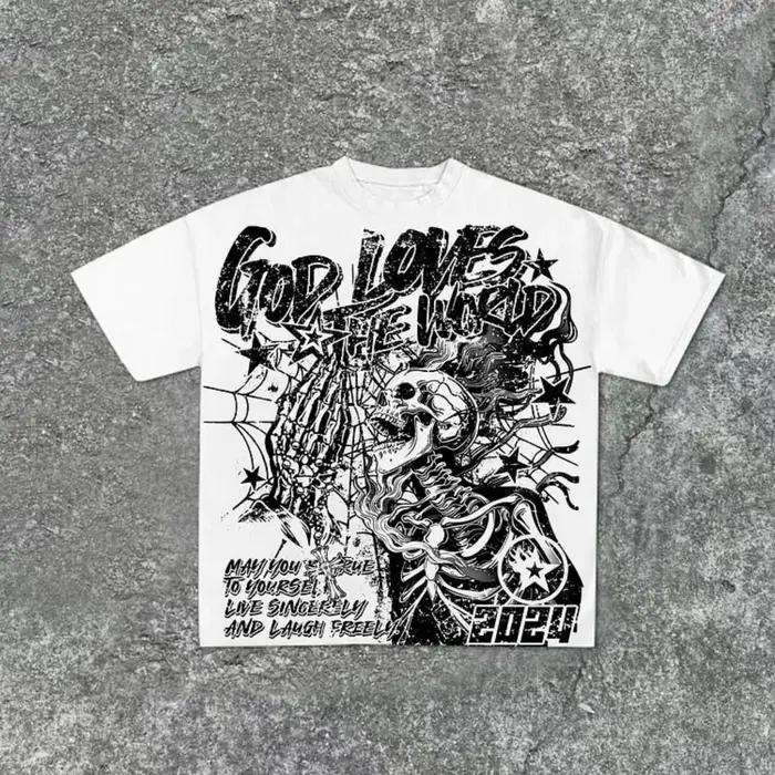 T-shirt col rond pour hommes, imprimé graffiti de crâne personnalisé, confortable et respirant, haut