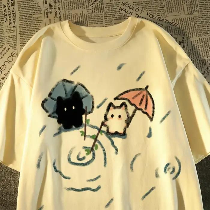 Tshirt Japonais Mignon Coton Pur Motif Chat Noir Blanc Coupe Oversize Pour Hommes Femmes Occasions Spéciales