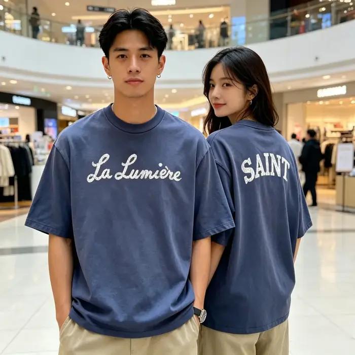 T-shirt en tissu imprimé Saint La Lumière vintage 2026 pour hommes et femmes, tee-shirt bleu délavé en coton