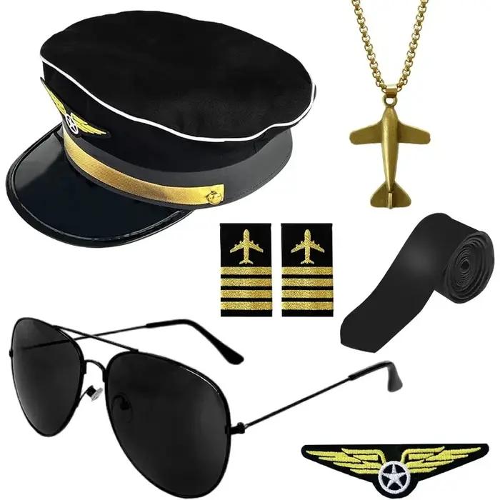 Kit de costumes de capitaine de pilote de compagnie aérienne, 6 pièces, avec lunettes de soleil d'av