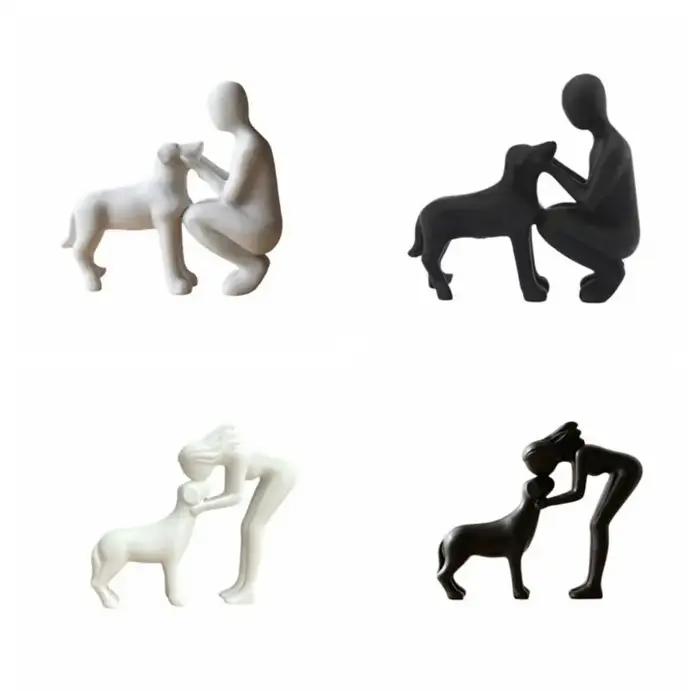 Statues de fille et de chien imprimées en 3D modernes pour décoration intérieure et collection d'animaux de compagnie pour bureau et étagère à livres
