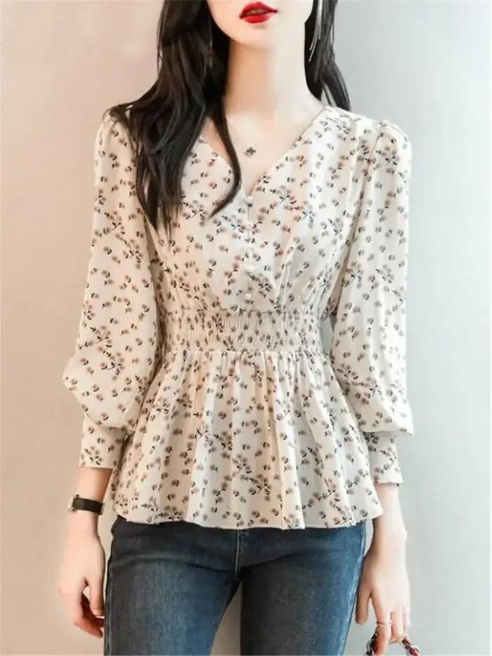 Chemise à col en V à boutons perlés pour femmes, chemise florale rétro, tunique, chemisiers à manche