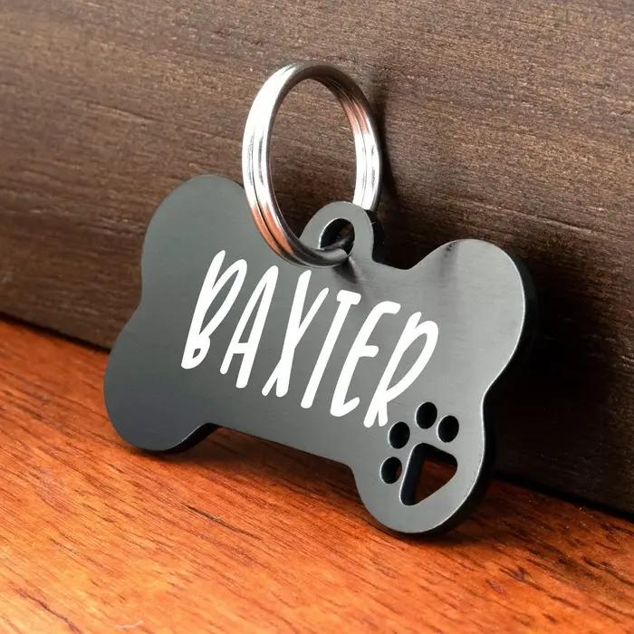 Étiquette d'identification de chien, nom gravé personnalisé, noir argent, pour chats, os, cadeau pou