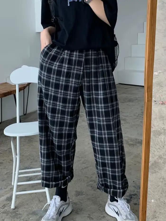 JMPRS-Pantalon à carreaux noir pour femme, surdimensionné, jambe large, surintendant ser, rétro, ado
