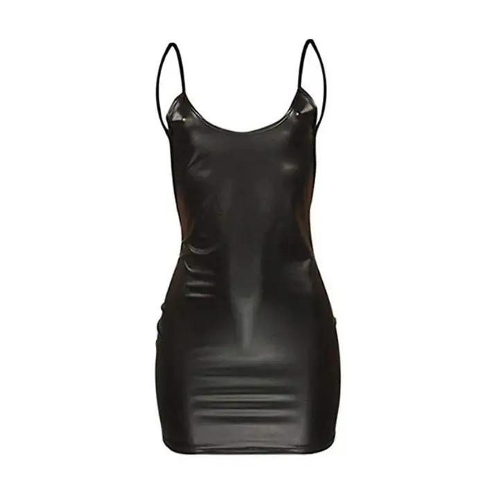 Robe sexy en faux cuir dos nu mini courte robe de soirée noir uni aspect mouillé sans manches pour femmes occasions spéciales