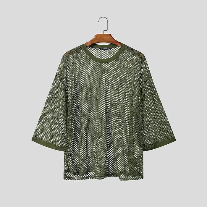 INCERUN T-shirt Homme Uni en Maille Transparente Sexy Oversize Vêtements Streetwear 2026 Manches 3/4 Hauts Décontractés