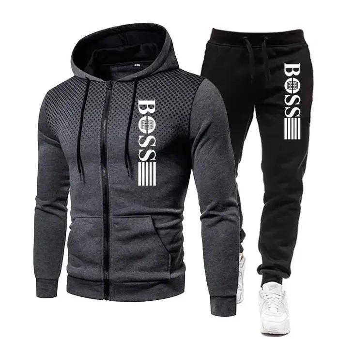 Ensemble deux pièces à capuche et pantalon décontracté pour homme, vêtement de sport chaud et fitnes