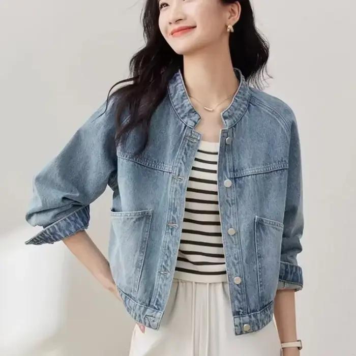 Veste en jean coréenne unie pour femme, manteau de cowboy, col montant, vêtements d'extérieur, nouveautés, chic et élégant, créateur Harajuku
