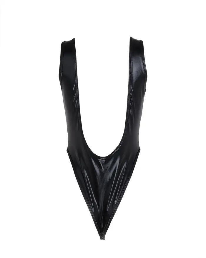 Femmes brillant métallique en cuir verni coupe haute dos nu justaucorps gymnastique body une pièce m
