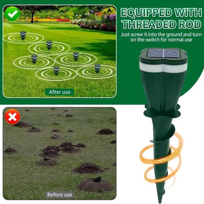 Dispositif de répulsion solaire anti-taupes et serpents ultrasonique et vibratoire pour protection de jardin et espaces extérieurs