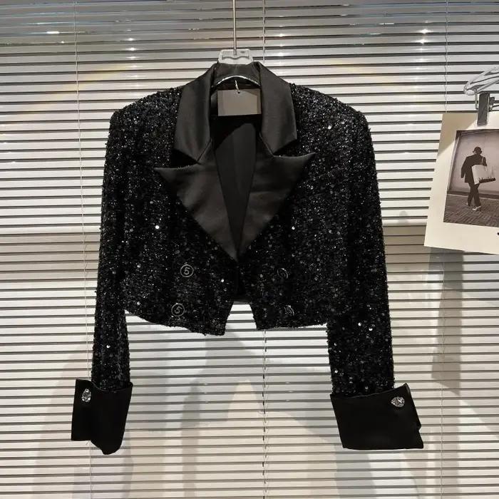 Vestes pour femmes, vêtements pour femmes, petit manteau court à paillettes hautes, tempérament d'automne en ligne, col de costume de célébrité, manteau brillant