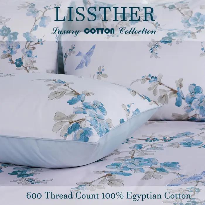 Ensemble de housse de couette 100% coton égyptien 600TC, 3 pièces, motif Floral aquarelle bleu, doux