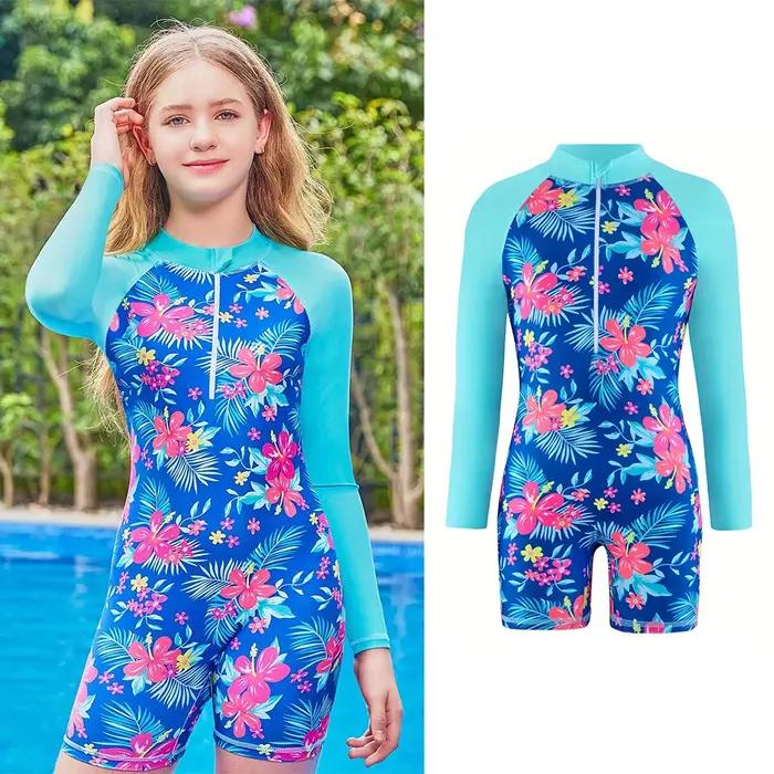 Maillot de bain une pièce à manches longues pour filles mignonnes, imprimé Floral, vêtements d'été p