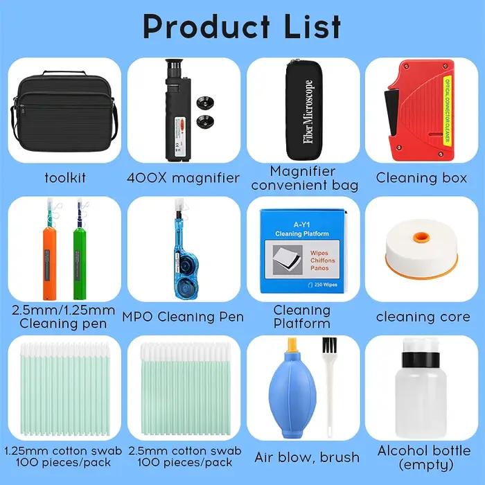 Kit d'outils de nettoyage de fibres optiques, loupe de Fiber optique 400X, boîte de nettoyage de fibres SC/FC/ST/LC 1.25MM/2.5MM MPO MTP, stylo nettoyeur de fibres