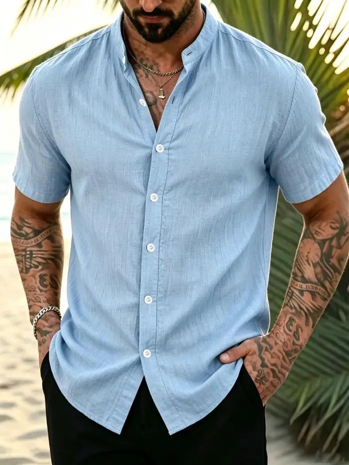 Chemise à col montant texturée à manches courtes pour homme, idéale pour les vacances à l'île, avec patte de boutonnage intégrale, en tissu respirant et infroissable pour les vacances à la plage