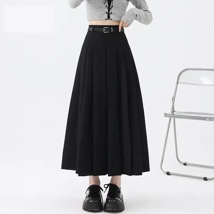 Jupe trapèze grise pour femme, taille haute, décontractée, en laine, longueur midi, pour le printemps et l'automne