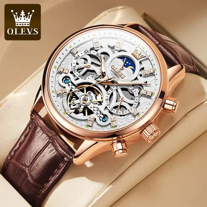 Montre homme OLEVS 6658 automatique mécanique squelette bracelet cuir étanche lumineuse affichage date