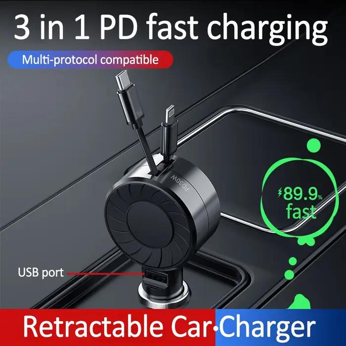 Chargeur de Voiture Rétractable 3 en 1, 100W, 50W Max, 2 Directions Rétractables et 1 Port USB, Peti