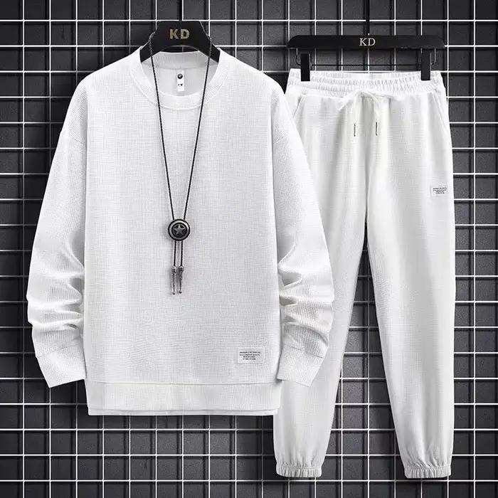 2025 printemps et automne nouveaux hommes gaufre deux pièces sweat-shirt décontracté et pantalon de sport ensemble ensem