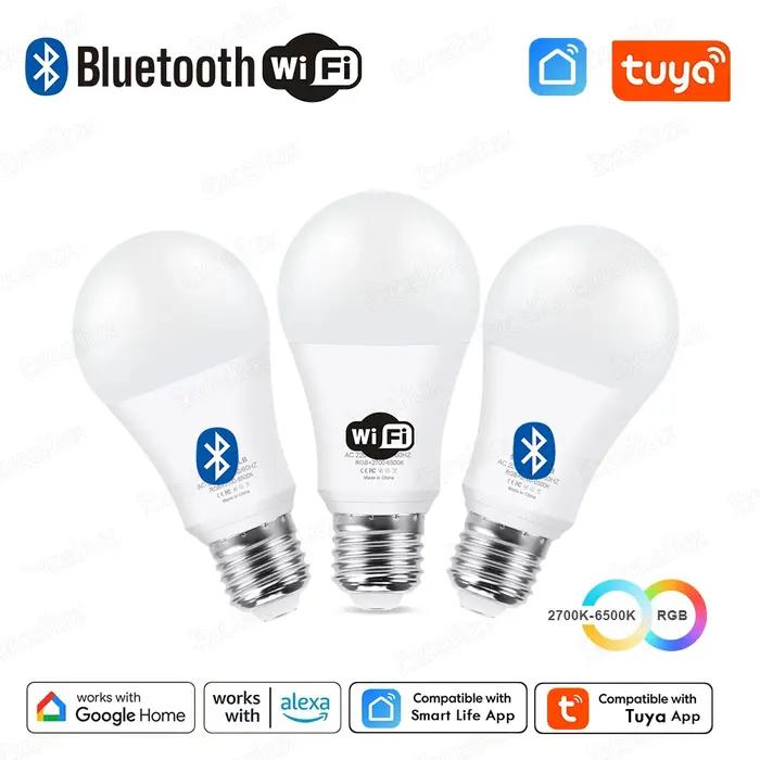 Tuya E27 lampe à LED App contrôle Bluetooth/WiFi ampoule LED 15W RGB CW WW ampoule intelligente fonc